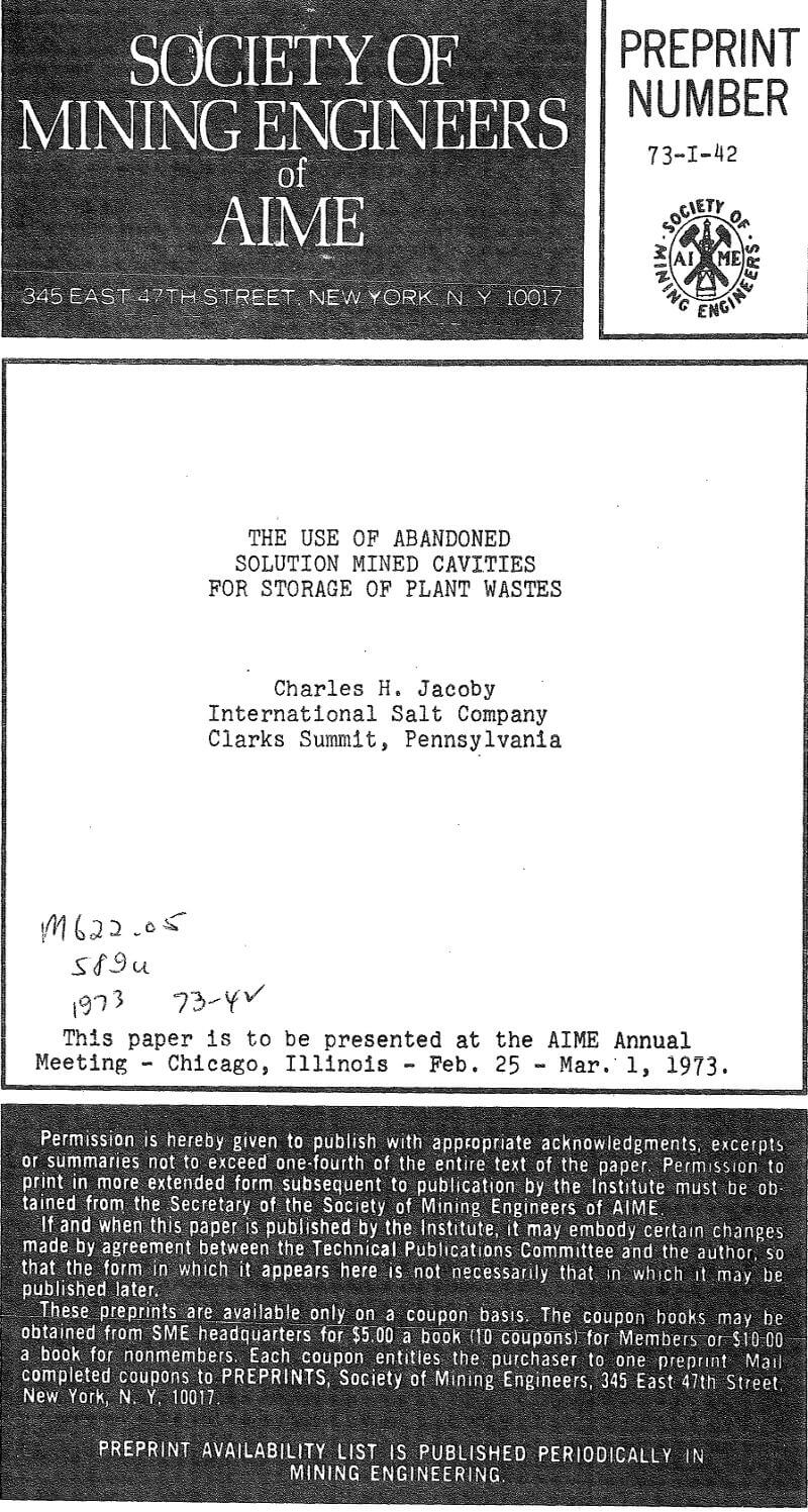 the use of abandoned solution mined cavities for storage of plant wastes