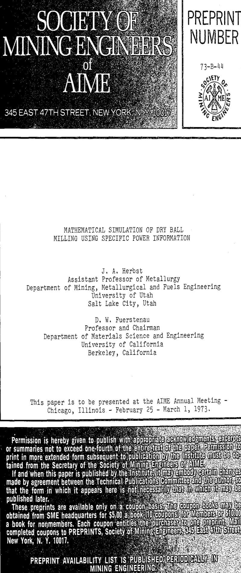 mathematical simulation of dry ball milling using specific power information