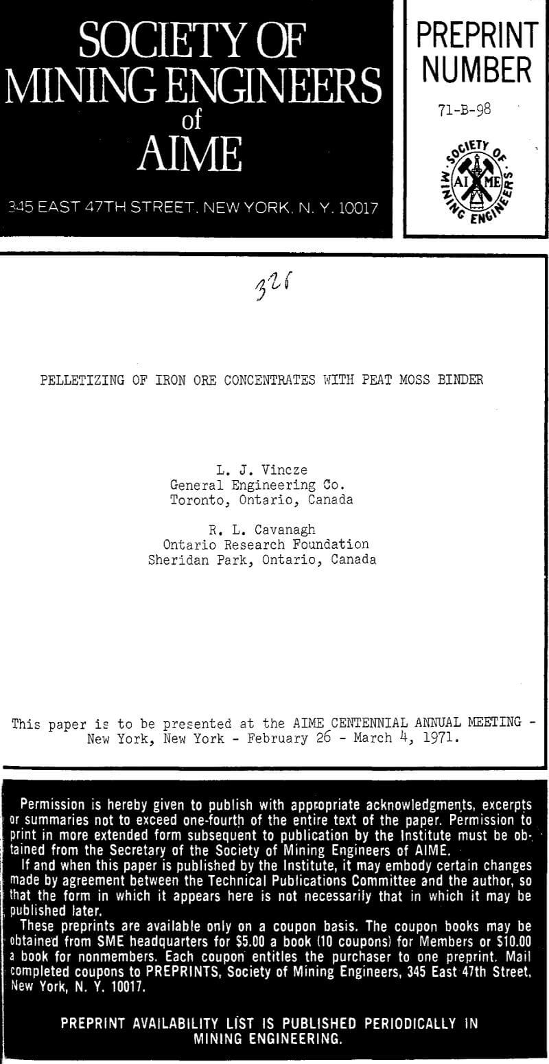 pelletizing of iron ore concentrates with peat moss binder