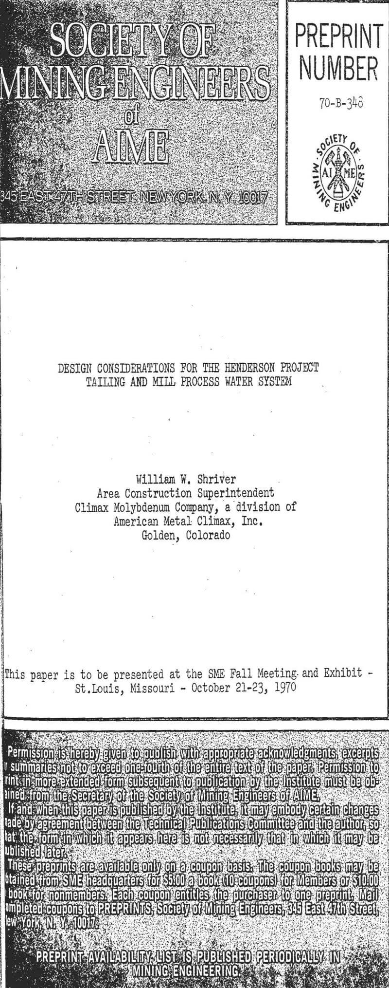 design considerations for the henderson project tailing and mill process water system