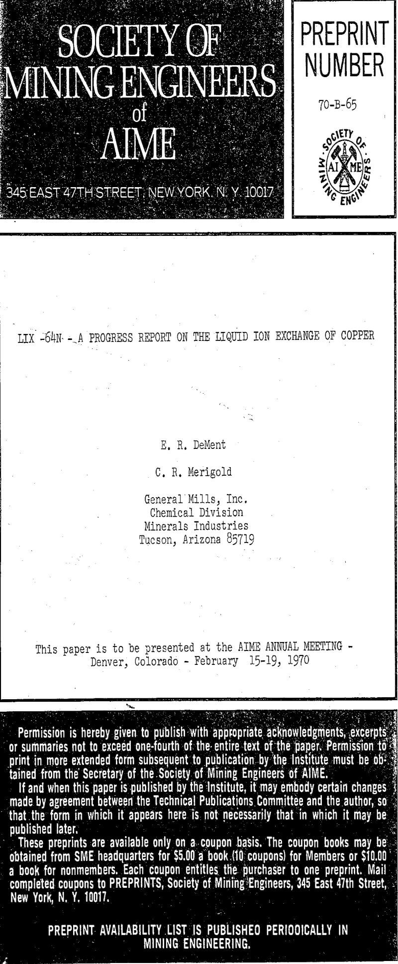 lix-64n a progress report on the liquid ion exchange of copper