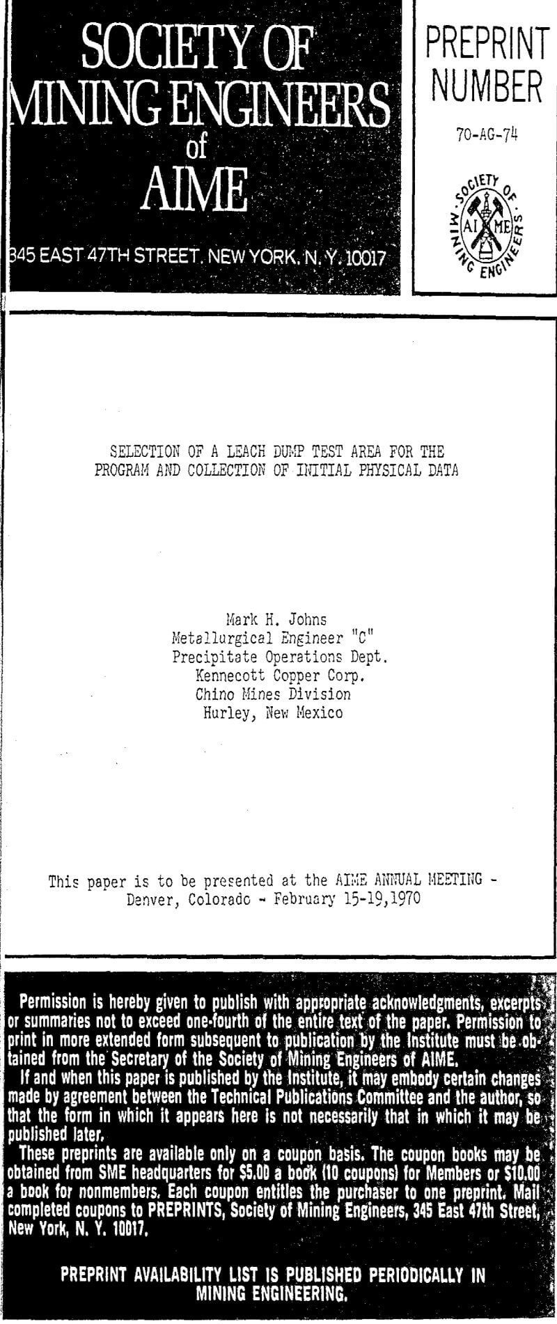 selection of a leach dump test area for the program and collection of initial physical data