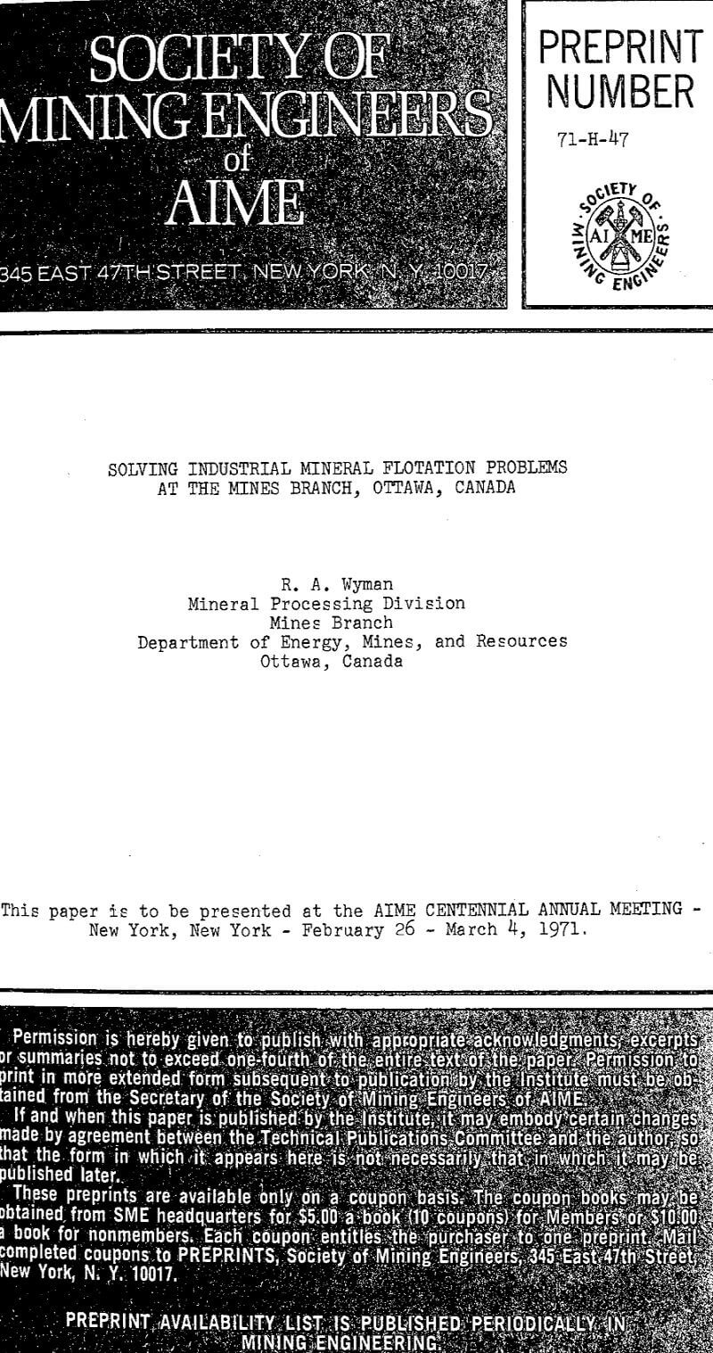 solving industrial mineral flotation problems at the mines branch ottawa canada