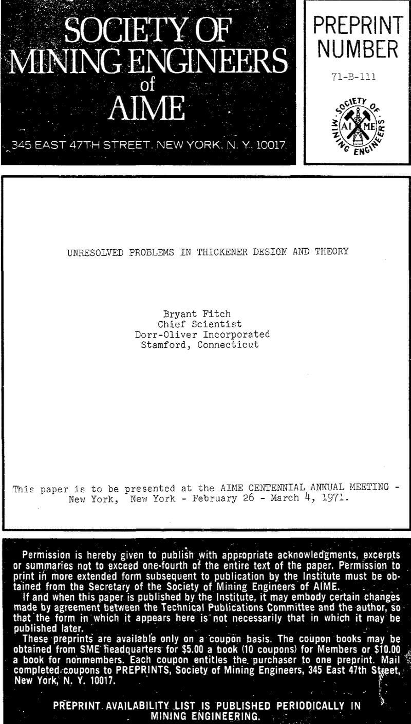 unresolved problems in thickener design and theory