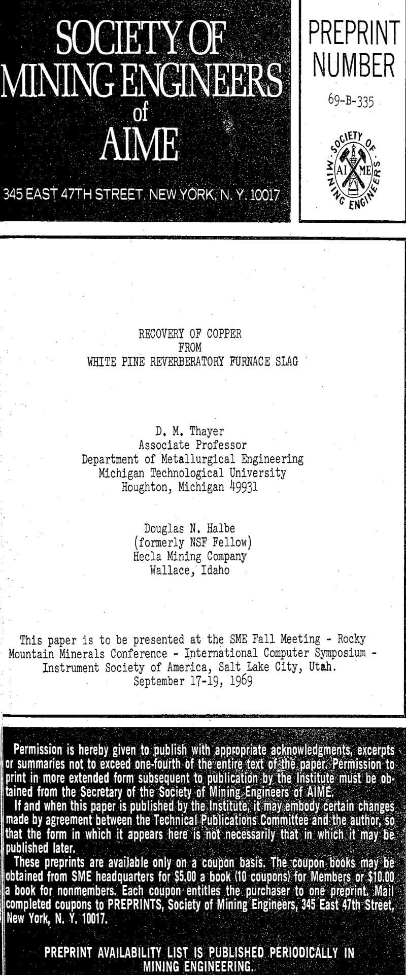 recovery of copper from white pine reverberatory furnace slag