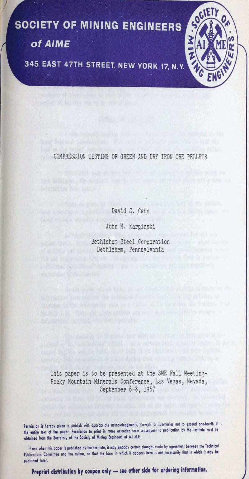 compression testing of green and dry iron ore pellets