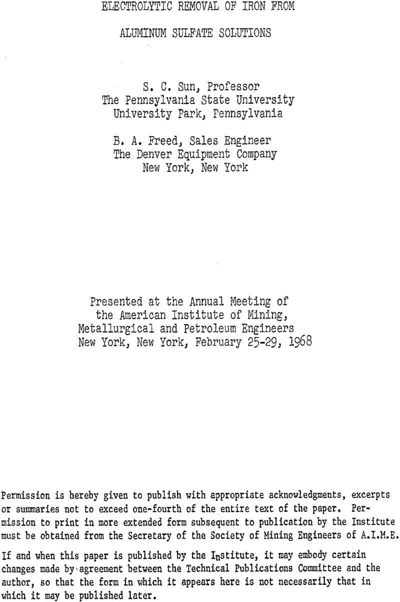 electrolytic removal of iron from aluminum sulfate solutions