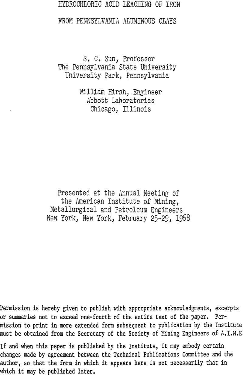 hydrochloric acid leaching of iron from pennsylvania aluminous clays