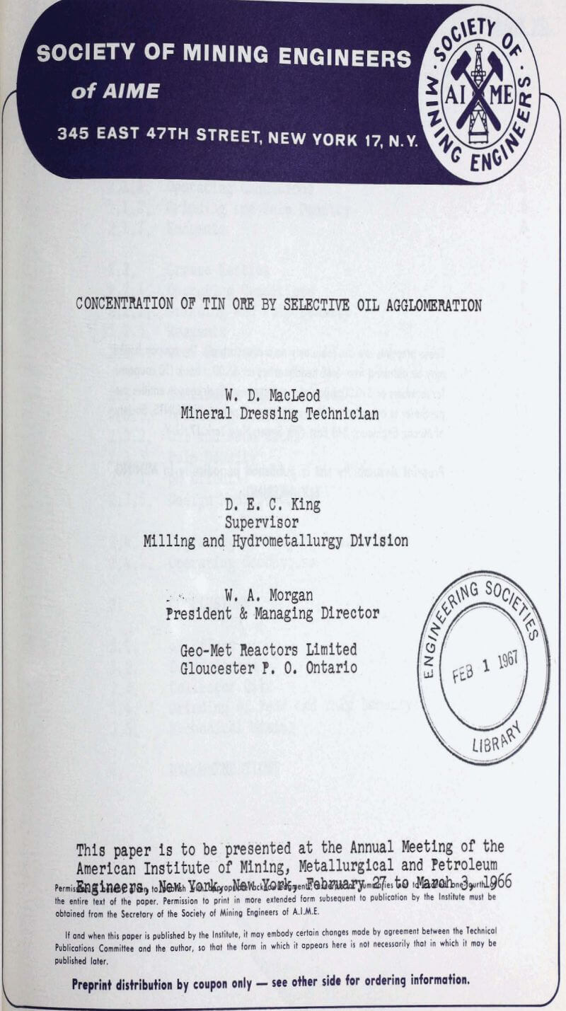 concentration of tin ore by selective oil agglomeration