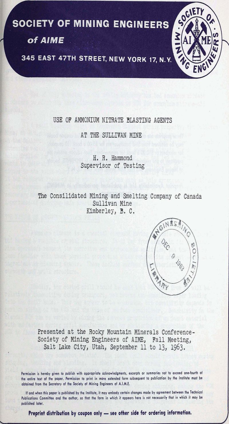 use of ammonium nitrate blasting agents at the sullivan mine