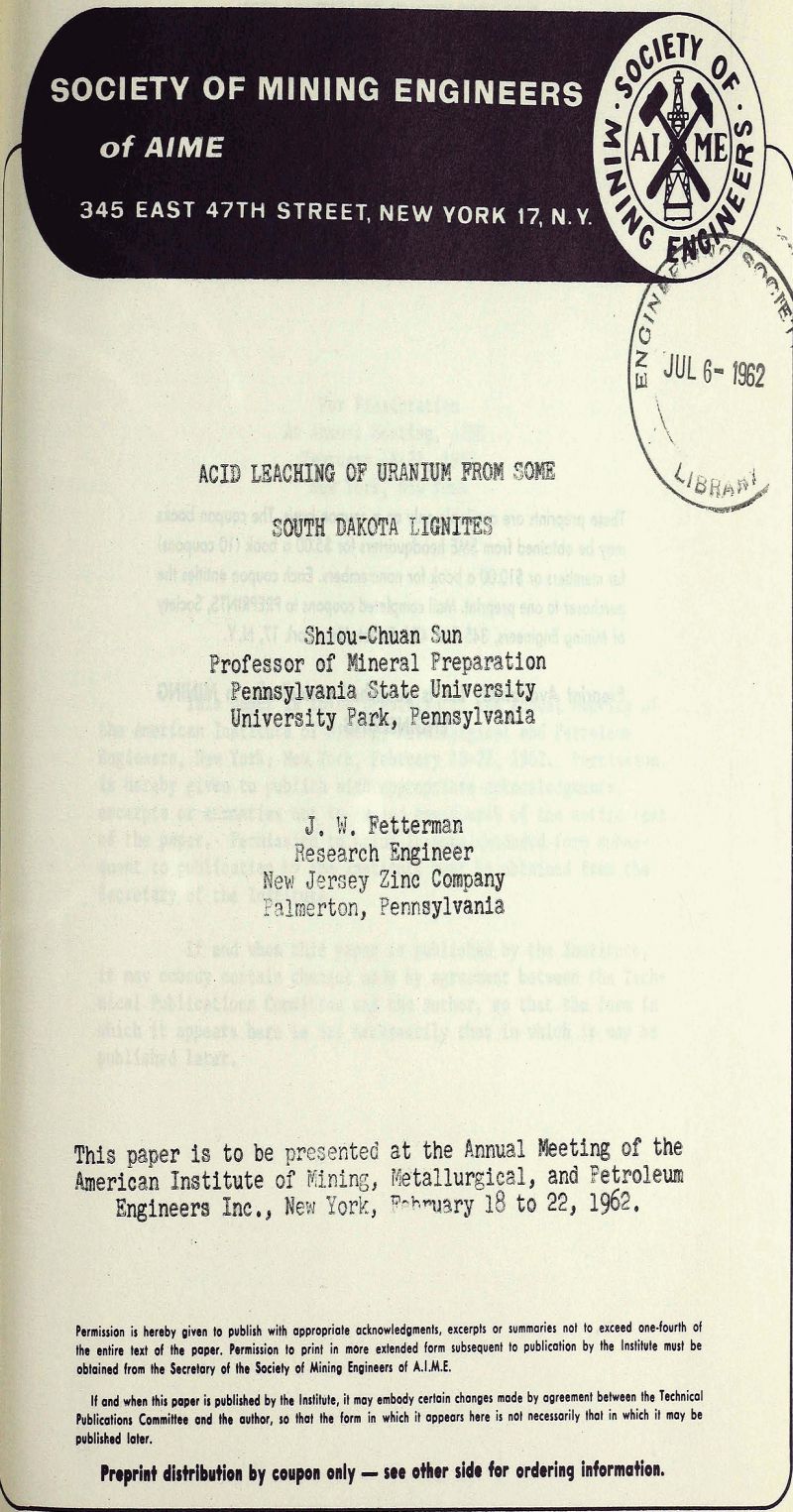 acid leaching of uranium from some south dakota lignites