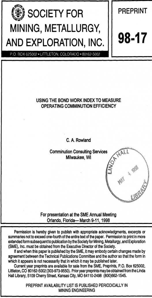 using the bond work index to measure operating comminution efficiency