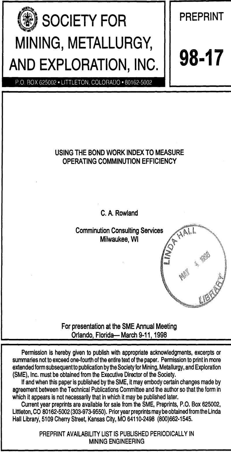 using the bond work index to measure operating comminution efficiency