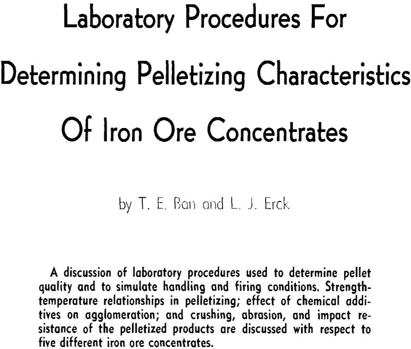 laboratory procedures for determining pelletizing characteristics of iron ore concentrates