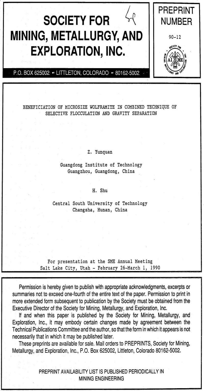 beneficiation of microsize wolframite in combined technique of selective flocculation and gravity separation