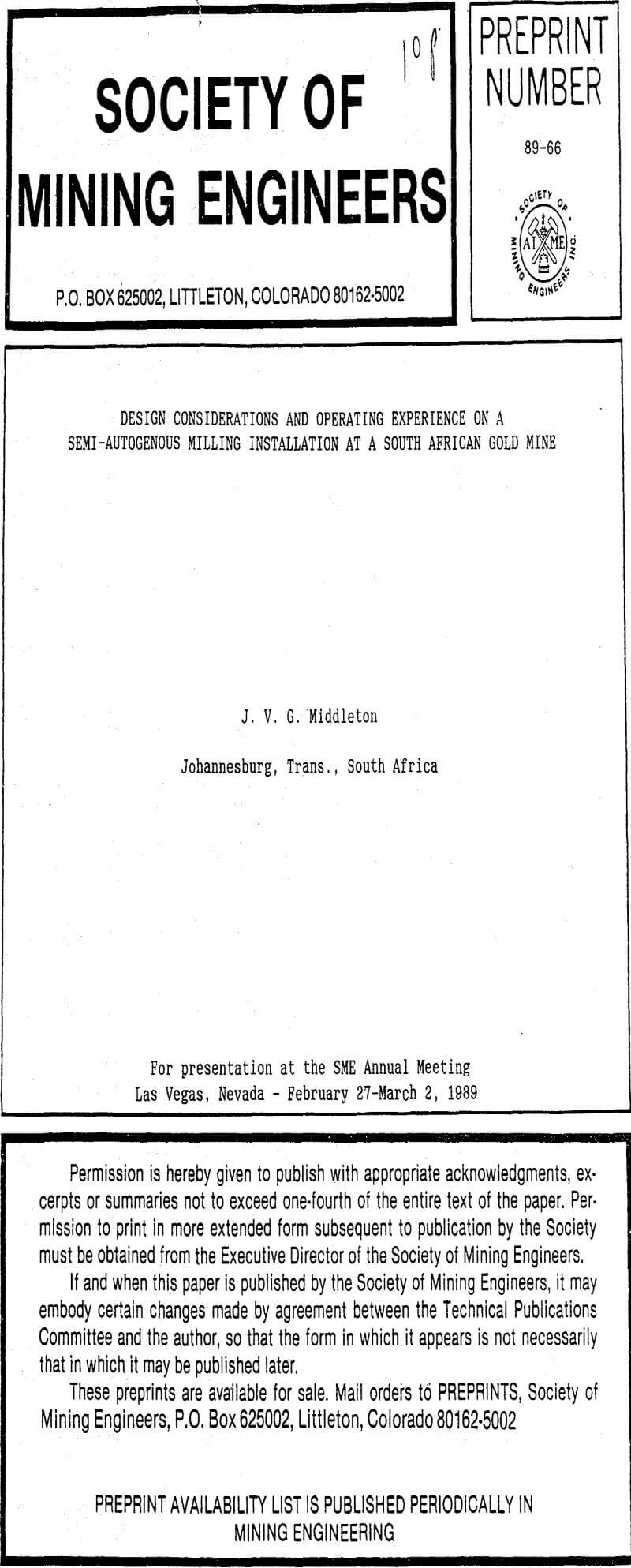 design considerations and operating experience on a semi-autogenous milling installation at a south african gold mine