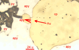 Gold in contact with pyrite and chalcopyrite