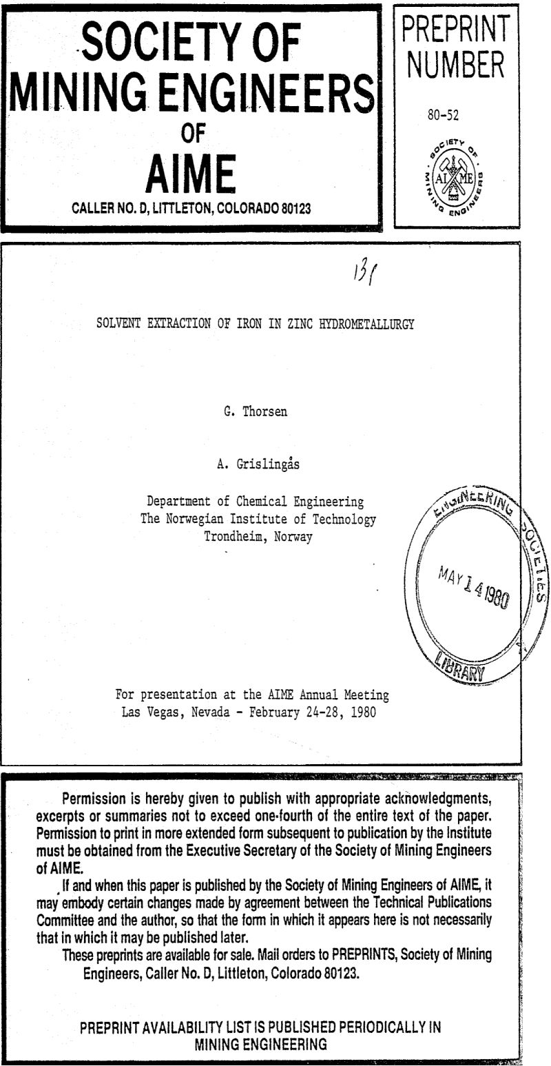 solvent extraction of iron in zinc hydrometallurgy