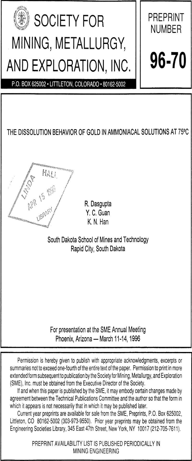 the dissolution behavior of gold in ammoniacal solutions at 75°c